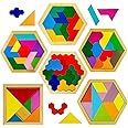 YUQILIN 6 PCS Wooden Tangrams Puzzles for Kids, Wooden Hexagon Toddlers Puzzles Block Geometric Brain Teaser Wood Puzzle Tangram Logic IQ Toy Gifts for All Ages Boys Girls Adults Intelligence