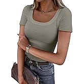 Women's Short Sleeve Tops Casual Scoop Neck Ribbed Knit Slim Fitted Basic Tee Shirts 2025 Summer Trendy Outfits