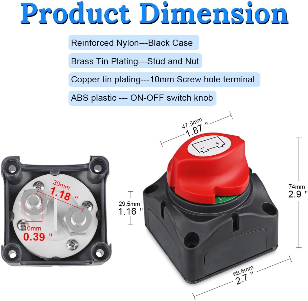 WATERWICH DC 8-60V Battery Disconnect Switch Cut/Shut off Marine Battery Switch 275/1250 Amp Waterproof for Ship Boat Small Yacht RV Camper Truck Car Vehicle(On-Off Switch): Automotive