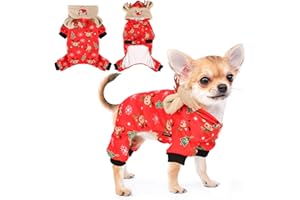 DaFuEn Dog Christmas Pajamas Reindeer Costume Puppy Hoodie Sweatshirts Xmas Cute Elk Pet Clothes for Small Dogs New Year Holiday Winter Warm Cats Jumpsuit Outfits Apparel (Small, Red)