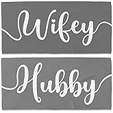 WAITPI Couple Wifey Hubby Beach Towel Set of 2, Honeymoon Wedding Beach Towels Gifts for Bride Groom Valentines Him Her, Grey and White Towels Oversized Decor for Bathroom 30x60in