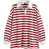 CIDER Women's Striped Polo Sweatshirt Long Sleeve Y2k Rugby Shirts Casual Oversized Pullover Vintage Fall Streetwear