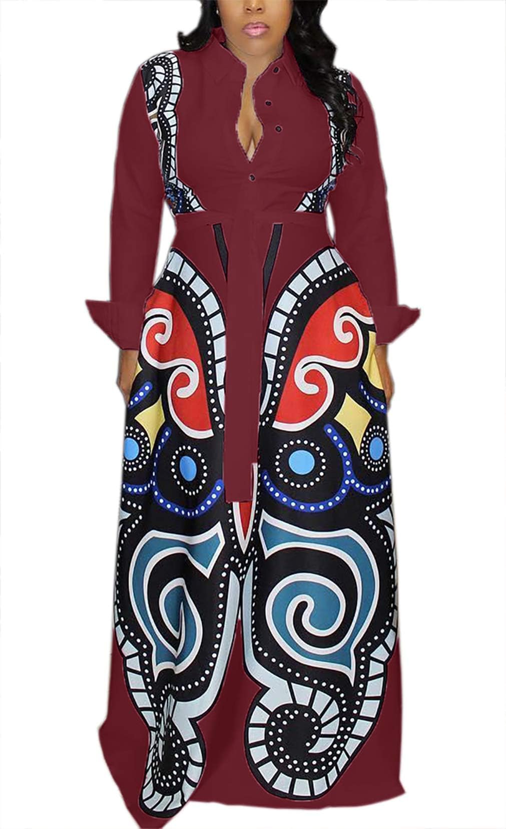 Women's Casual Button Down Long Sleeve Maxi Dress Deep V Neck African Floral Elegant A Line Long Dresses with Belt Wine