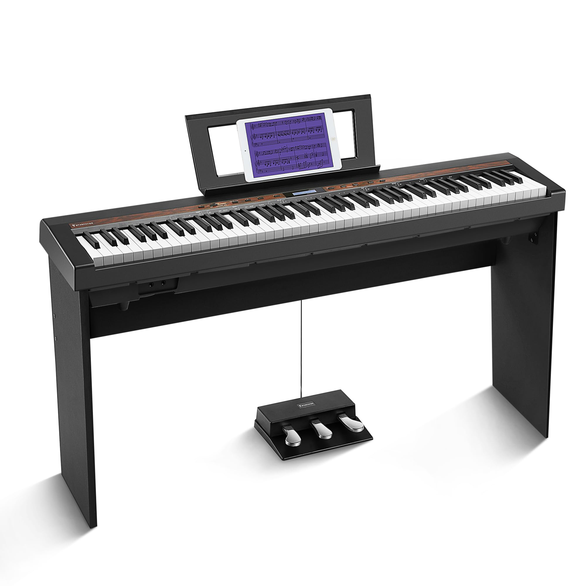 Starfavor SP-150W with Stand Digital Piano with Pedal, 88 Key Weighted Keyboard with Hammer Action,2x30W Speakers,200 Rhythms,238 Tones, Wood Grain Pattern, MIDI/USB