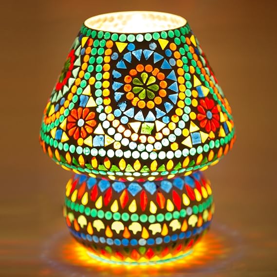 Derien Glass Mosaic Style Mushroom Shaped Antique Night Lamp, 16 X 16 X 18 cm(Multicolour, DE063)