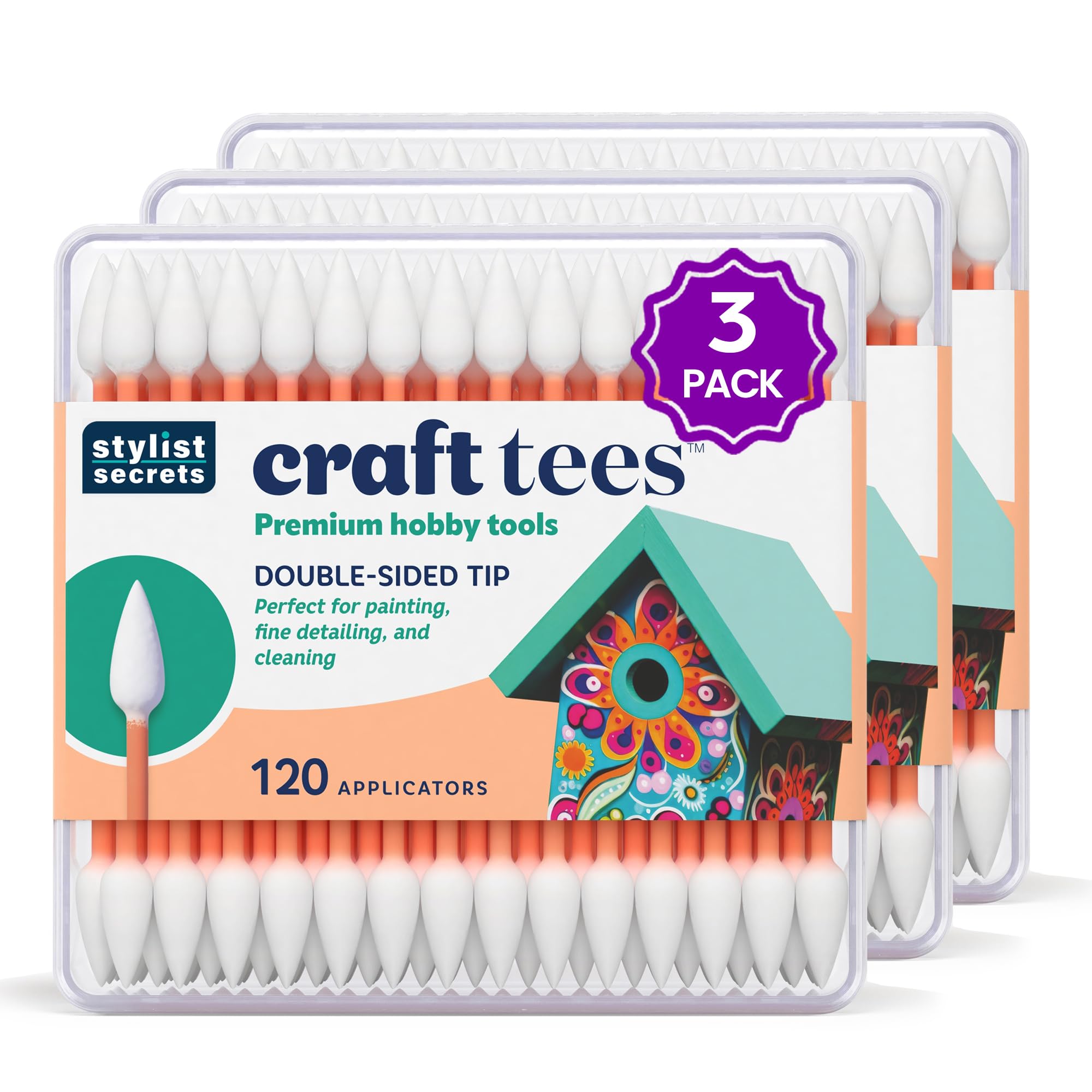 Classic Craft Tees - Double Sided Pointed Swabs - Precision Tip - for Painting, Fine Detailing, & Cleaning - Multifunctional for Your Craft Needs - 120 Cotton Tips - 3 Pack