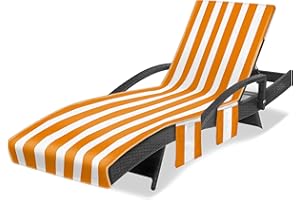 Ruikyhom Lounge Chair Towel Cover, Striped Chaise Lounge Cover, Beach Chair Covers with Pockets for Pool Sunbathing Beach Garden Courtyard Outdoor Trips, 85 x30 in, White and Orange