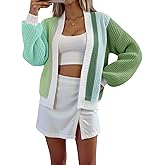 SEGT Women's Chunky Knit Open Front Color Block Long Sleeve Loose Short Cropped Cardigan Sweaters