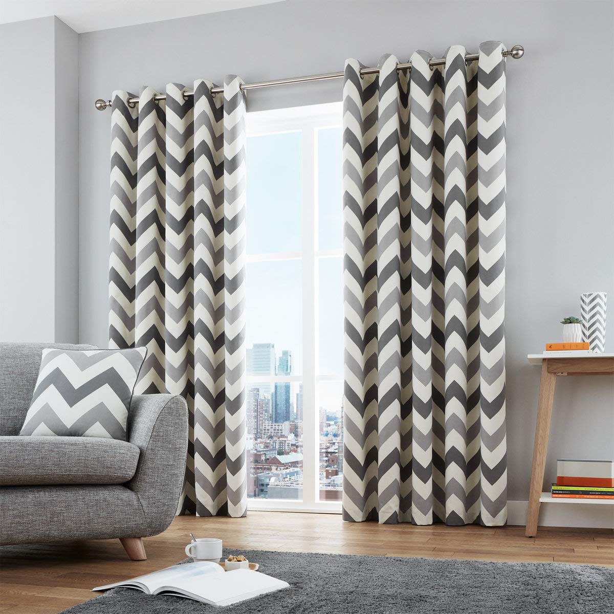Fusion - Chevron - 100 Percent Cotton Ready - Made Pair of Eyelet Curtains - Grey, 66" Width x 54" Drop (168 x 137 cm)
