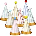 MotiMind 40 Pcs Birthday Party Hats Adult Pastel Cone Hats Bulk Pom Pom Lovely Stripe Headwear with Elastic String and Glue for Party Anniversary Jamboree Photo Props Decorations