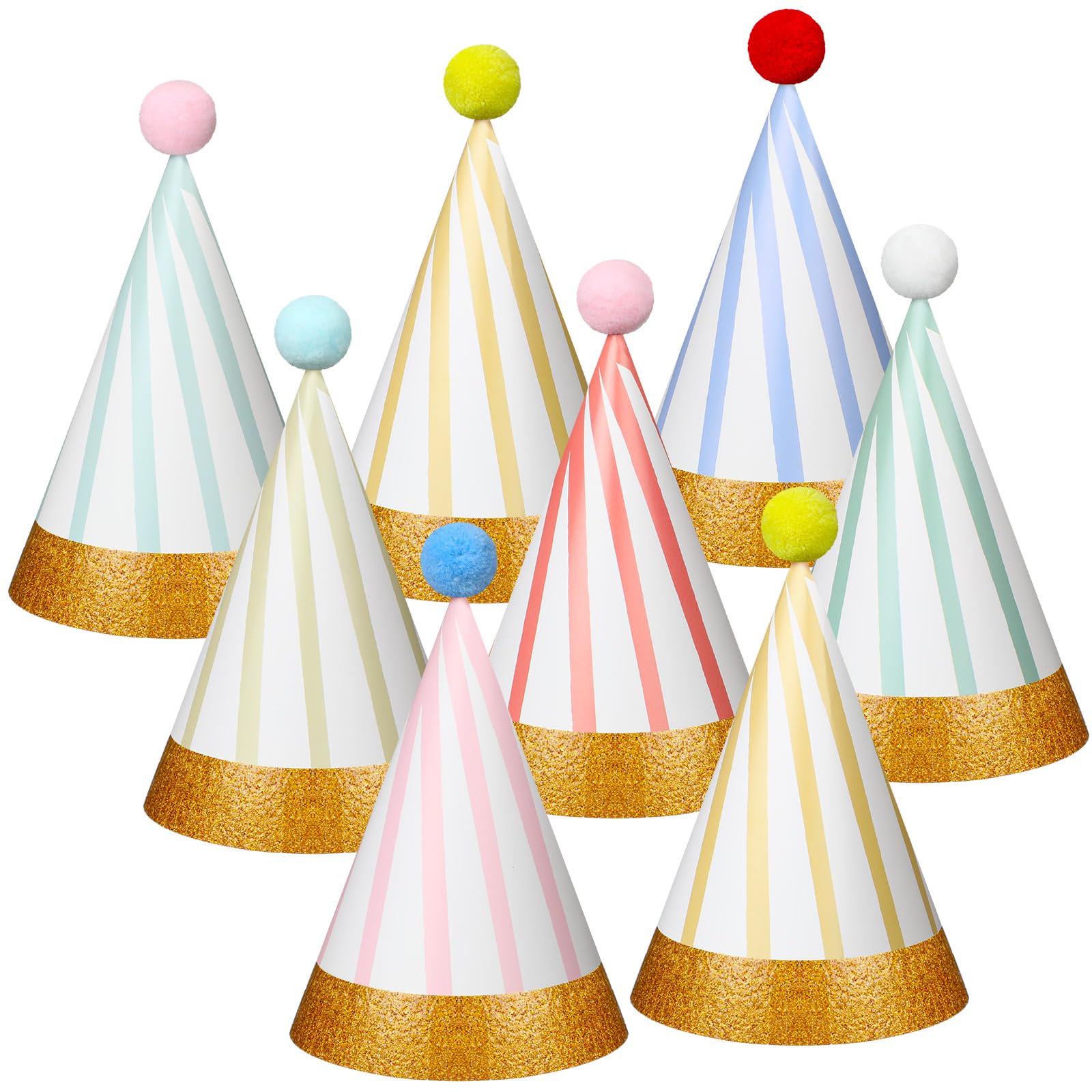 Photo 1 of MotiMind 40 Pcs Birthday Party Hats Adult Pastel Cone Hats Bulk Pom Pom Lovely Stripe Headwear with Elastic String and Glue for Party Anniversary Jamboree Photo Props Decorations