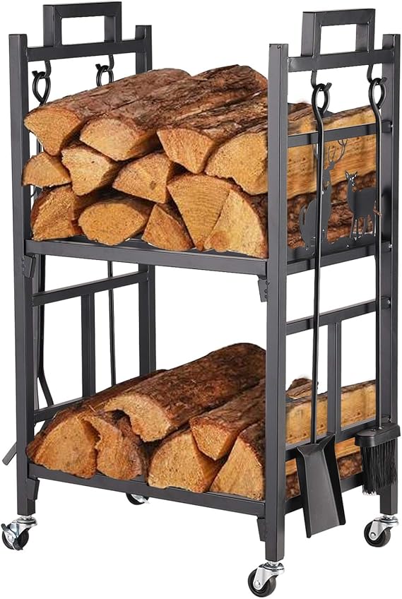 HeavyDuty Decorative Firewood Log Rack Black Powder