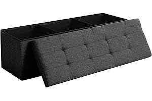 CUYOCA 45.3 Inches Storage Ottoman Bench Foldable Seat Footrest Shoe Bench End of Bed Storage with Flipping Lid, 166L Storage Space, Linen Fabric Black