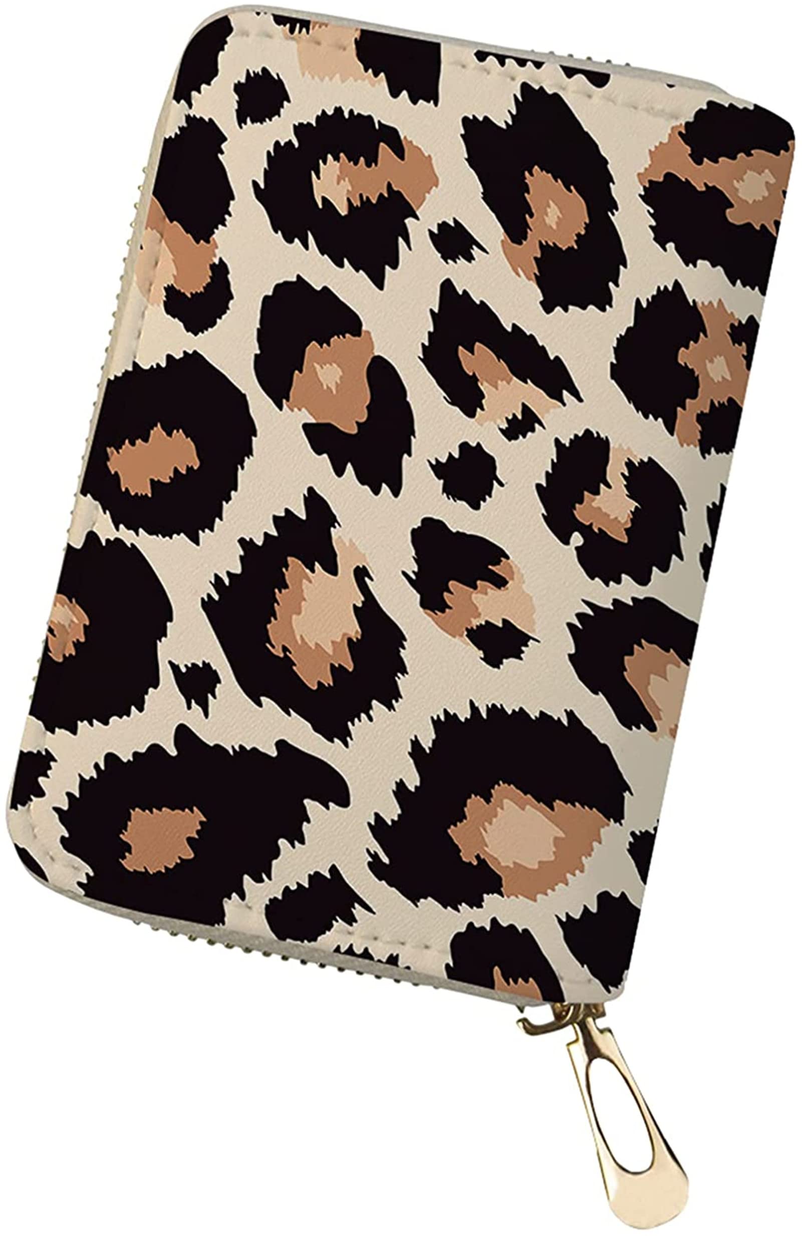 Poceacles Cute Leopard Print Credit Card Wallet with Zipper, PU Leather Card Holder Organzier Case Purse Mini Accordion Wallet