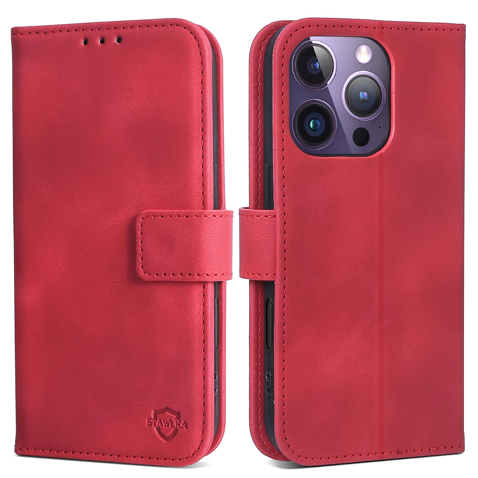 STAWLKA Case for iPhone 16 Pro, Premium Flip Wallet Case Card Holder Kickstand Magnetic PU Leather Shockproof TPU Bumper Protective Folio Phone Cover for iPhone 16 Pro - Red