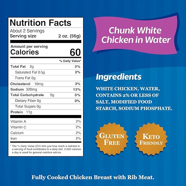 SWEET SUE CHUNK WHITE CHICKEN IN WATER, 5 OZ CAN (PACK OF 1) – 11G PROTEIN PER SERVING – GLUTEN FREE, KETO FRIENDLY – GREAT FOR SNACK, LUNCH OR DINNER RECIPES