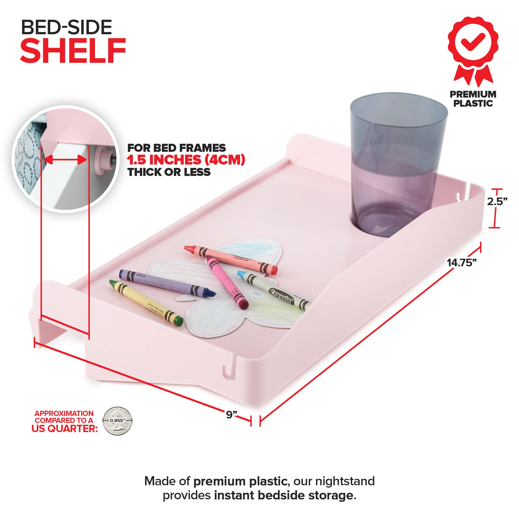 Modern Innovations Bedside Shelf for Bed, College Dorm Room, Bunk Bed Shelf for Top Bunk, Clip On Nightstand, Baby Changing Table Tray, Cup Holder for Kids, Bunkbed Caddy for Table Storage (Pink)