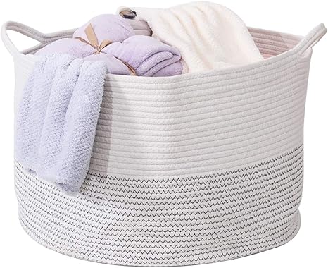 Amazon Ycoco 特大織コットンロープバスケット ハンドル付き 子供用ランドリーバスケット バスケット バスケット リビングルーム用装飾 ブランケットバスケット 赤ちゃんのおもちゃ収納バスケット 21 7インチx13 8インチ ホワイト かご バスケット オンライン通販