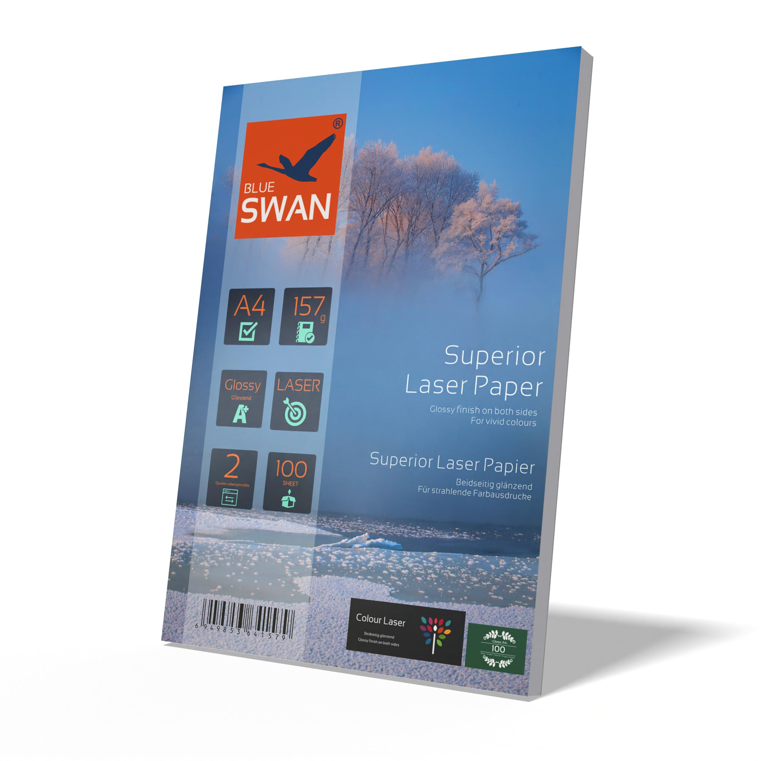 BLUE SWAN A4 Laser Glossy Paper, 157gsm, 100 Sheets – Double-Sided Gloss Finish, for Laser Printers & Copiers – Ideal for Flyers, Brochures, Presentations, Menus & Certificates