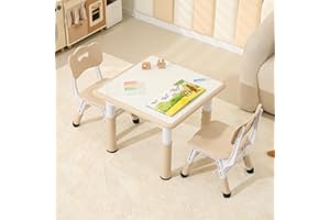 Hulaibit Kids Table and 2 Chairs Set, Height Adjustable Toddler Table and Chairs with Anti-Slip Foot Covers, Graffiti Desktop Arts & Crafts Table for Daycare, Classroom