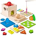 6-in-1 Wooden Play Kit Montessori Toy, Object Permanence Box, Coin Box, Carrot Harvest, Catch Worm, Shape Sorter - Toddler Learning Toy for Kid Age 1, 2, 3 Year Old, Girl boy Gift for Baby 6-12 Month