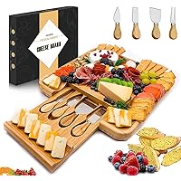 Bamboo Cheese Board with Knife Set, Charcuterie Platter Including Slide-Out Hidden Drawer & 4 Stainless Steel Knife and Utens