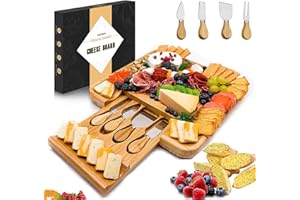 Bamboo Cheese Board with Knife Set, Charcuterie Platter Including Slide-Out Hidden Drawer & 4 Stainless Steel Knife and Utens