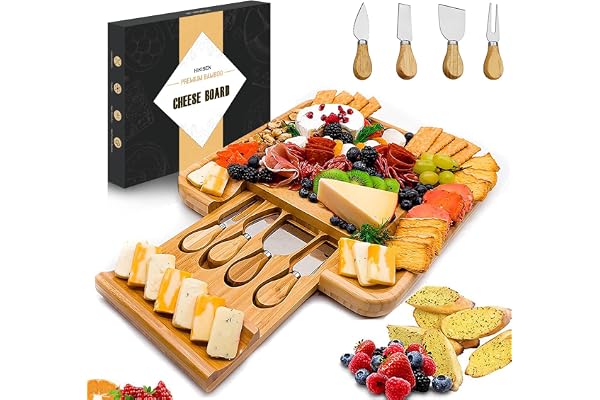 Bamboo Cheese Board with Knife Set, Charcuterie Platter Including Slide-Out Hidden Drawer & 4 Stainless Steel Knife and Utens