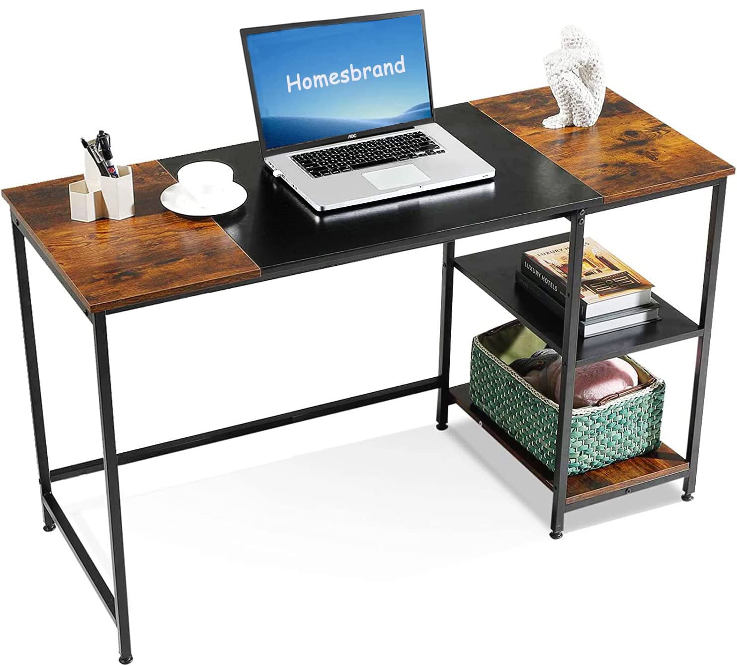 Homesbrand Computer Desk, Home Office Study Writing Desk With Storage Shelves, PC Laptop Table Workstation, Wooden Desk, Vintage-Black-Vintage, 140x50x75CM