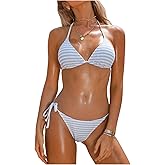 Milumia Women's 2 Piece Swimsuit Textured Striped Halter String Triangle Bikini Set Bathing Suit