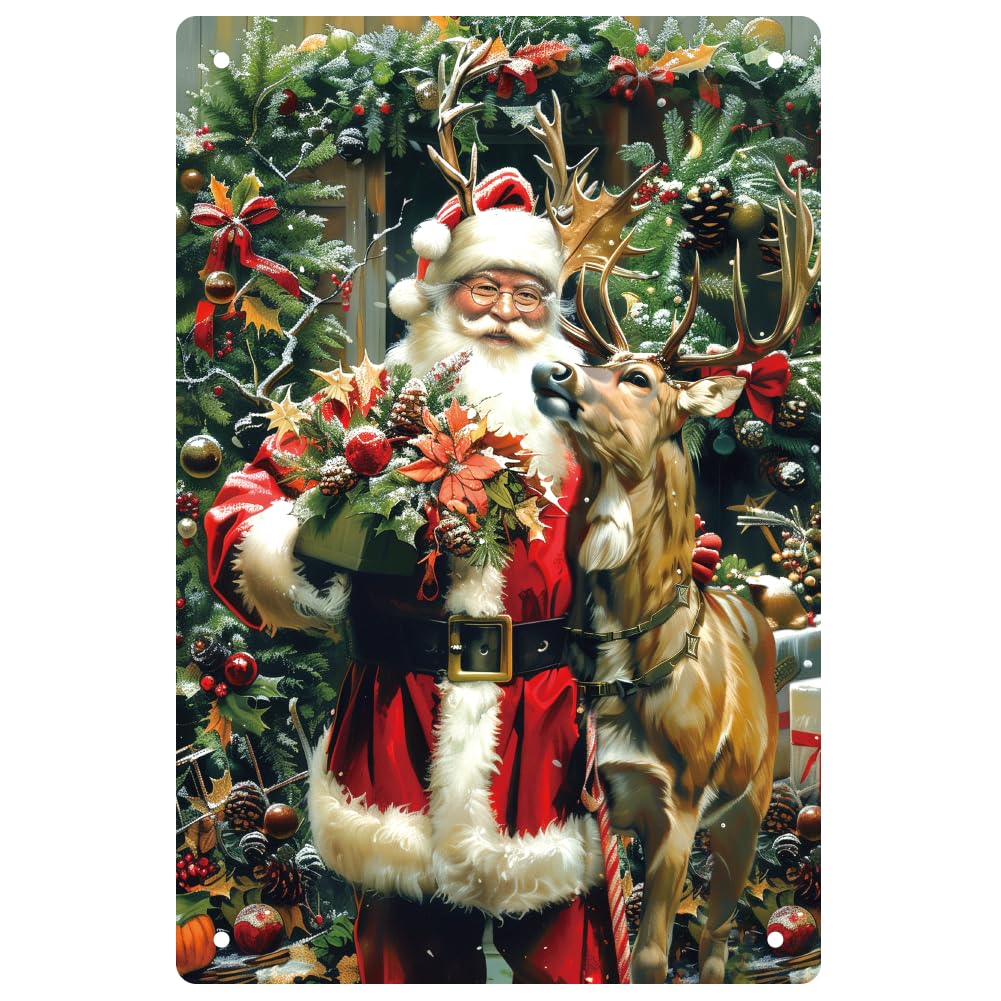 WEBEEDY Retro Metal Tin Sign Santa Claus and Reindeer - Thick Funny Christmas Tin Sign Decor for Home Yard Coffee Shop Wall Decorations, 20 x 30cm/ 8x12 Inches