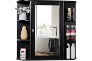 Iwell Bathroom Medicine Cabinet with Mirror, Bathroom Wall Cabinet with 2 Adjustable Shelves & 6 Open Shelves, Bathroom Cabinet Wall Mounted, Over The Toilet Space Saver Storage Cabinet, Black
