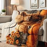 HUNXIAOJ Highland Cow Print Blanket Pumpkin Flannel Throw Fall Colors Blanket Autumn Cattle Throw Farmhouse Animal Bedding for Couch Bed Highland Cow Gifts (59