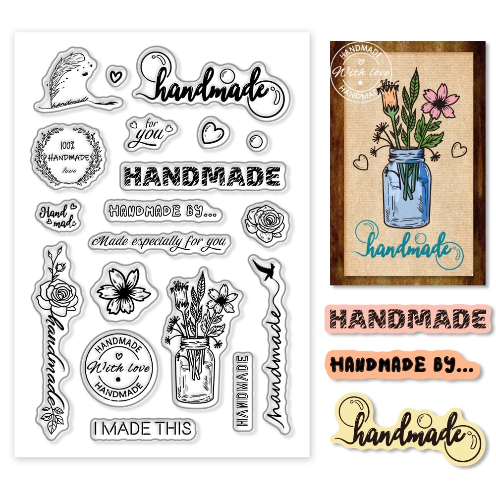 PH PandaHall Word Clear Stamps, Handmade Text Rubber Stamps Transparent Silicone Stamp Flower Clear Stamp Seals for Card Making Photo Album Decoration and DIY Scrapbooking, 11x16cm