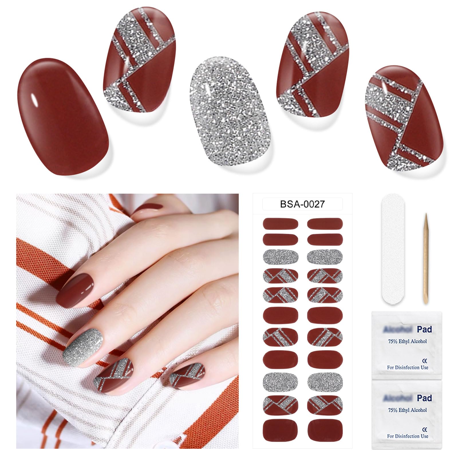 DUKASOU Semi-Cured Gel Nail Strips, 22 Pieces Real Nail Polish Stickers, Gel Nail Stickers, Decals, Long-Lasting Nail Polish Strips for Women and Girls(Bullion)