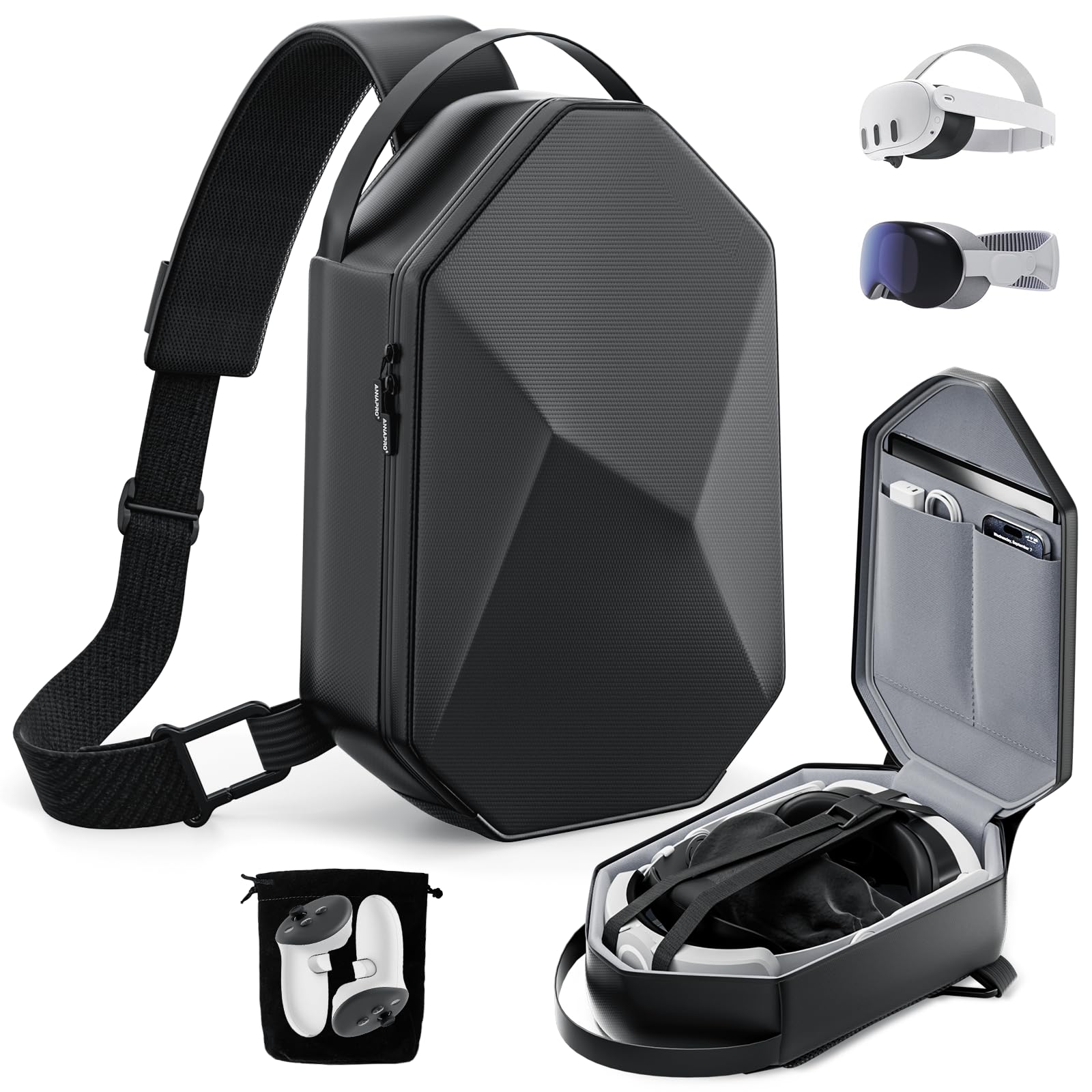 annapro Carrying Case for Meta Quest 3S/Quest 3/Quest 2/Vision Pro, Hard Travel Case Compatible with Kiwi Design/BOBOVR Elite Battery Strap and Controllers Accessories, Crossbody Shoulder Backpack