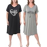FEREMO 2 Pack Plus Size Nightgown for Women Casual V Neck Nightshirts Print Short Sleeve Sleepwear