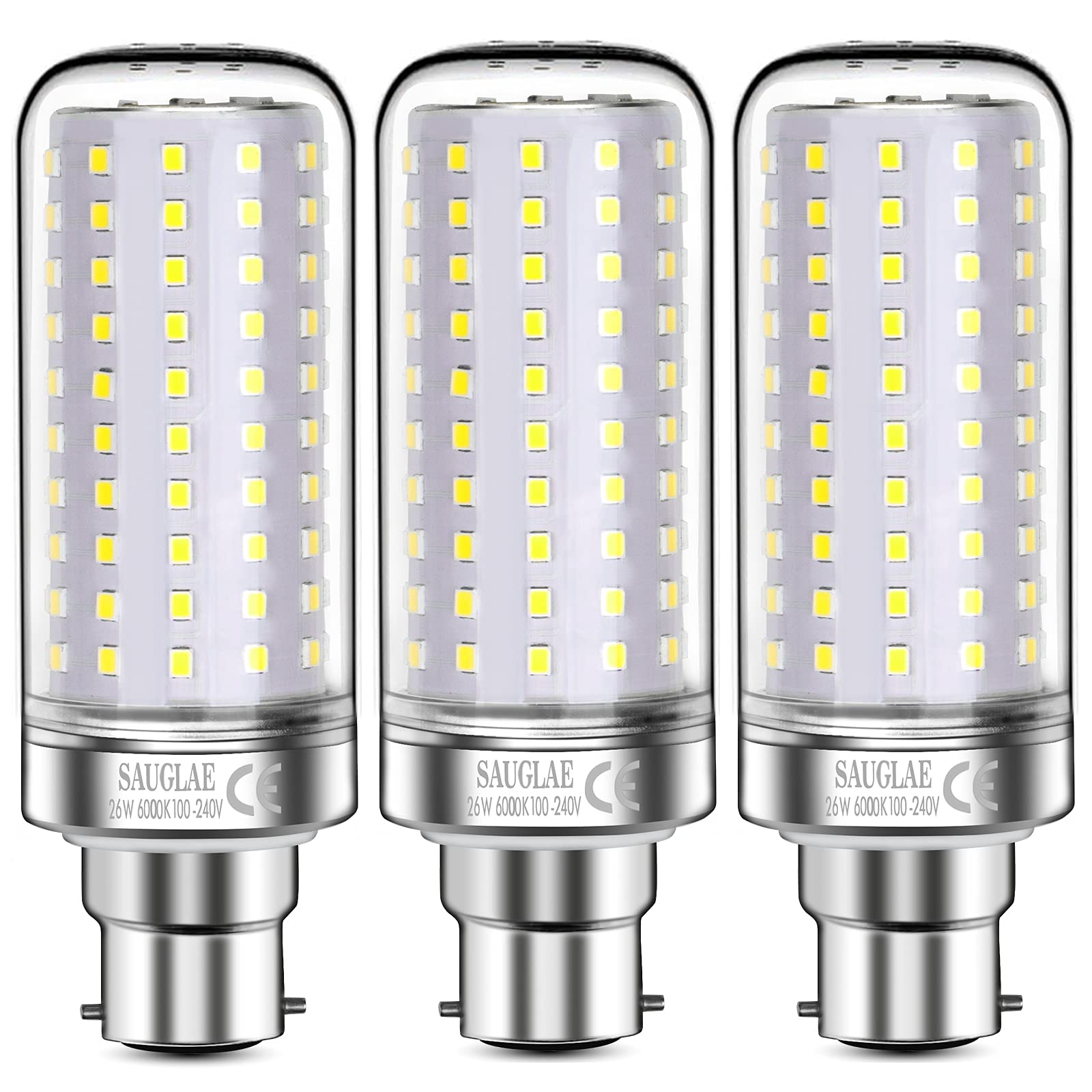 SAUGLAE 26W LED Light Bulbs, 200W Incandescent Bulbs Equivalent, B22d Bayonet Cap, 3000Lm, 6000K Daylight White, Pack of 3