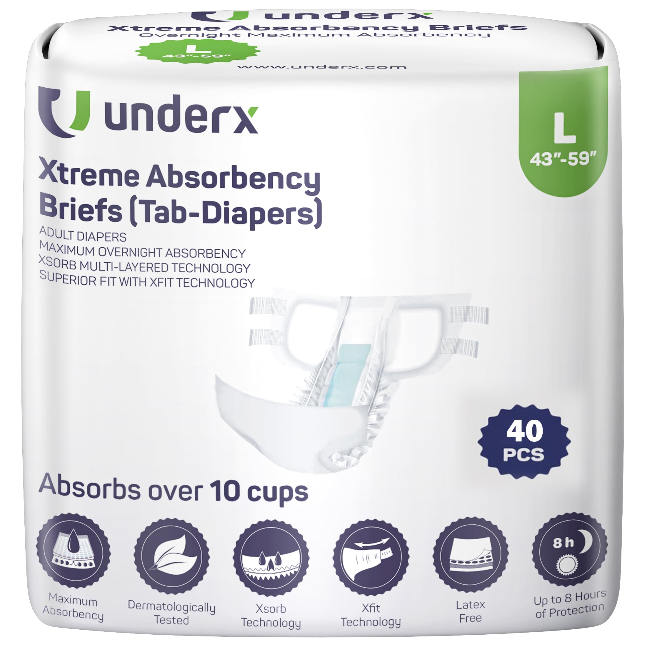 Photo 1 of UnderX Xtreme Absorbency Adult Briefs with Tabs - Maximum Absorbency - Heavy-Duty Overnight Briefs for Men and Women - Leak-Proof Protection Absorbent Briefs - Comfortable, Latex-Free (Large) 40PCS