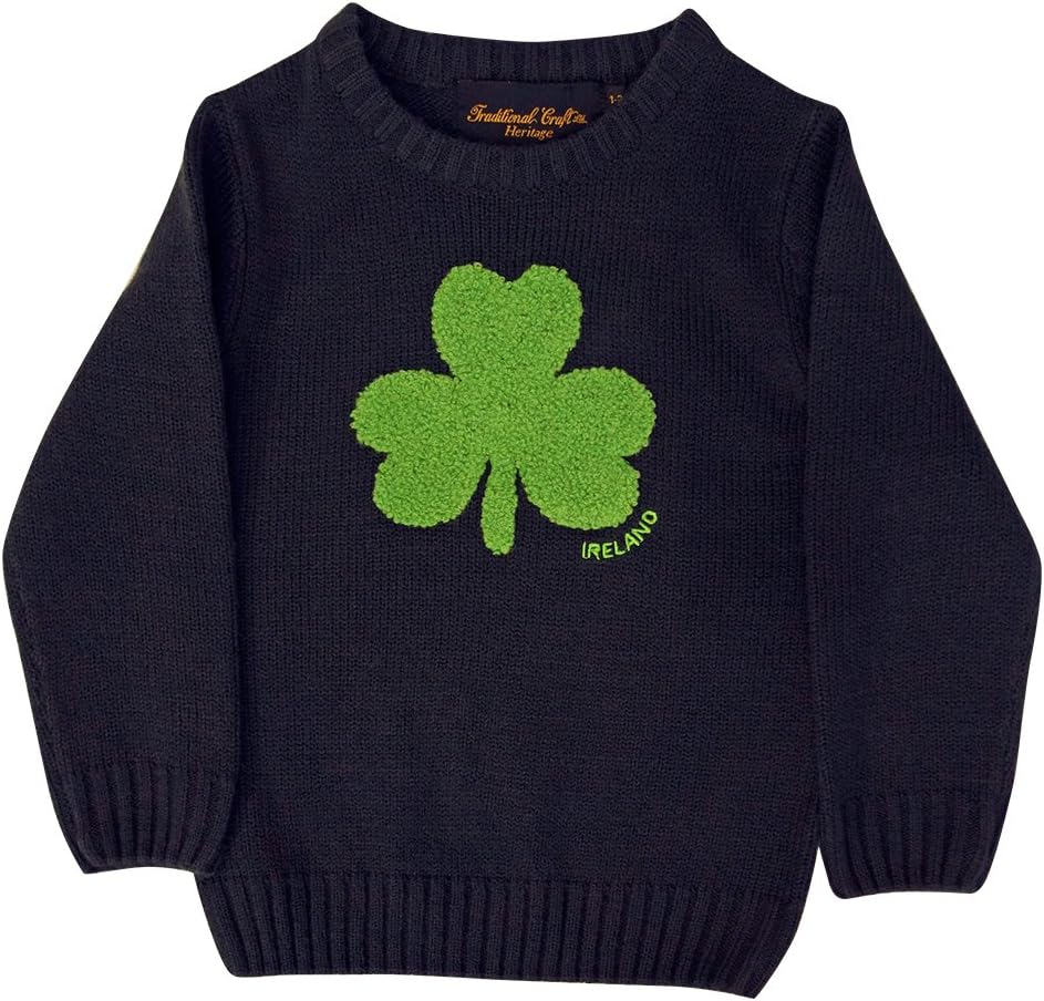 Other Brands Round Neck Ireland Kids Sweater with Fluffy Shamrock, Navy Colour