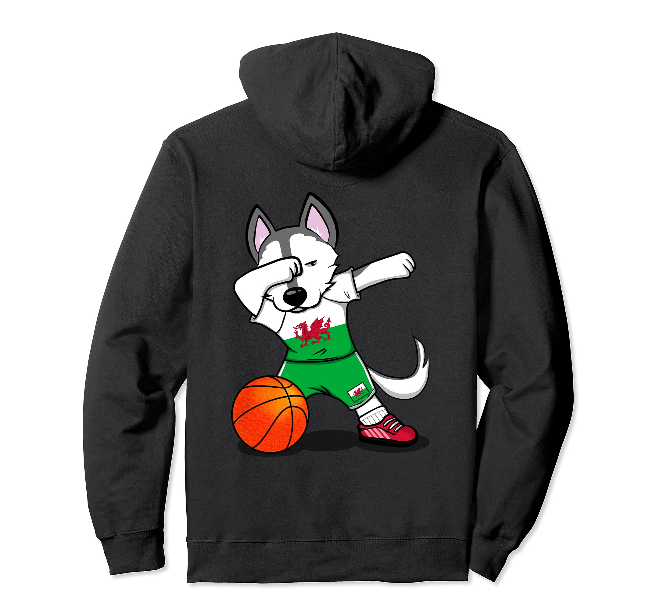 Dabbing Husky Dog Wales Basketball Fans Jersey - Welsh Flag Pullover Hoodie