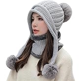 Women Winter Beanie Hat Circle Scarf Set Pompoms Peruvian Ski Snow Ear Flaps Cold Weather Warm Sherpa Knit Hats Fleece Lined