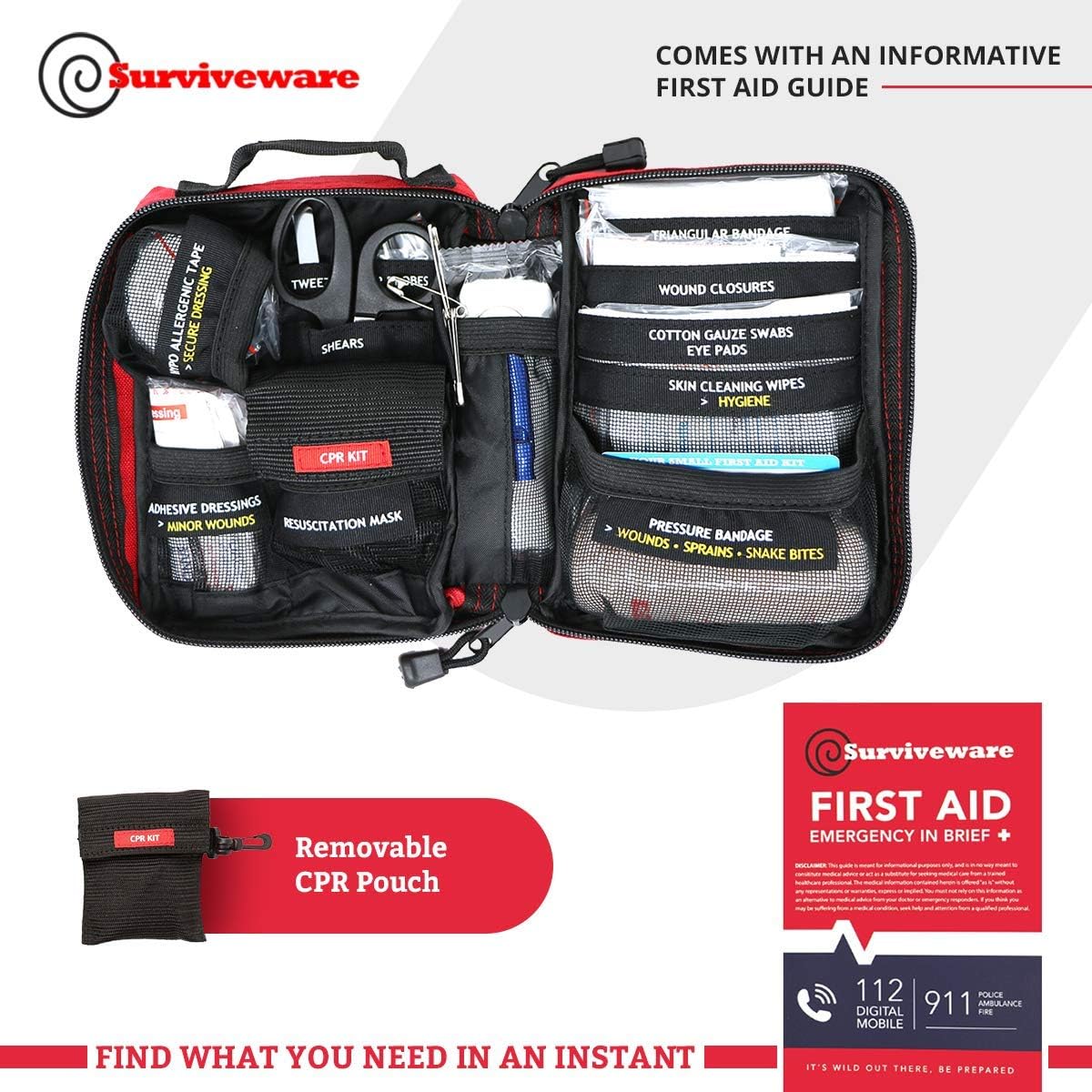 Surviveware Small First Aid Kit with Labelled Compartments for Hiking, Backpacking, Camping, Travel, Car and Cycling. : Sports & Outdoors
