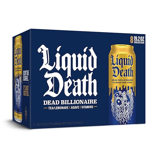 LIQUID DEATH, DEAD BILLIONAIRE ICED TEA, 8-PACK (19.2OZ CANS), HALF LEMONADE HALF BLACK TEA, LOW CALORIE, NO ARTIFICIAL SWEETENERS, B12 & B6 VITAMINS