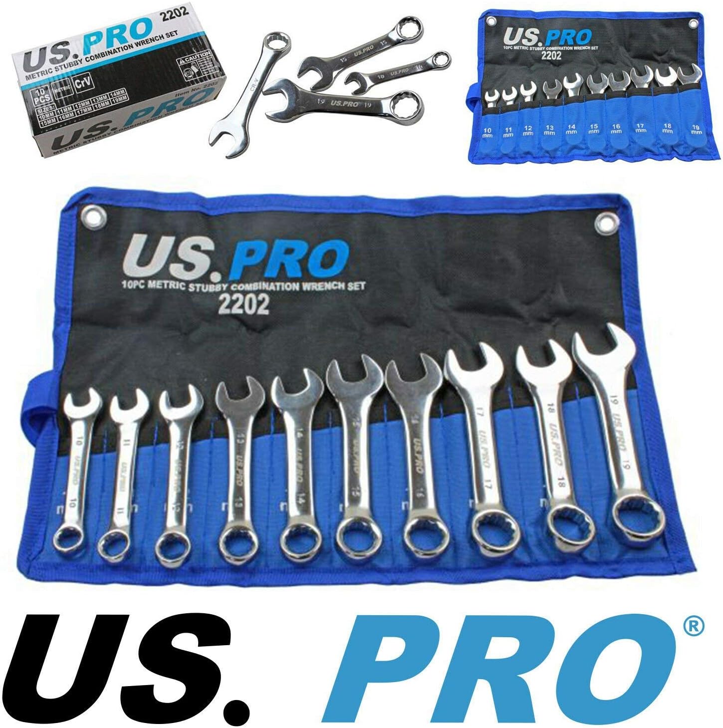 US PRO 10 Piece Stubby Metric Combination Spanner Wrench Set 10mm to