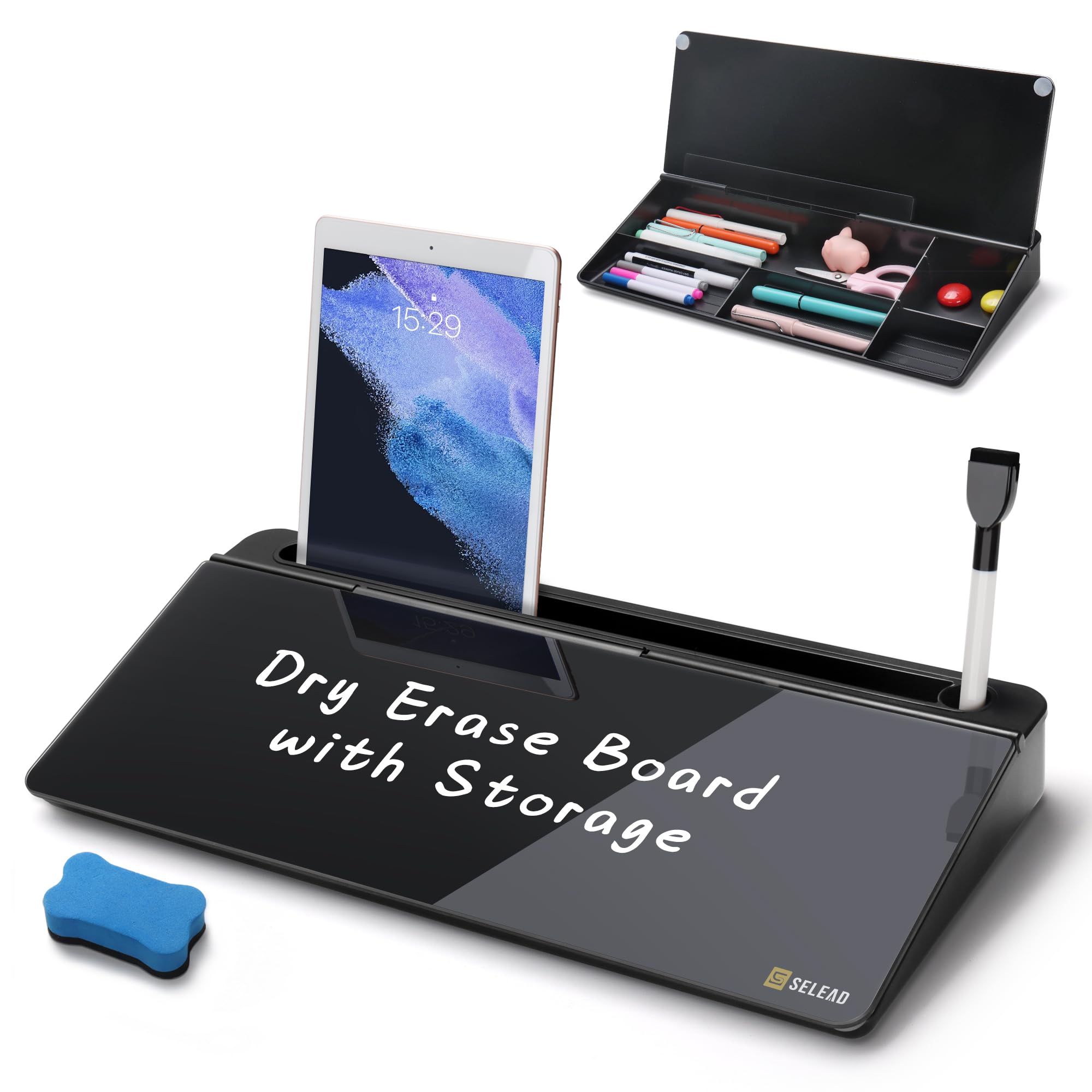 Photo 1 of SELEAD Desktop Glass Whiteboard with Organizer, Markers, Eraser - Dry Erase Board Computer Pad Keyboard Stand with Drawer and Holder for Home, School, Office - Black