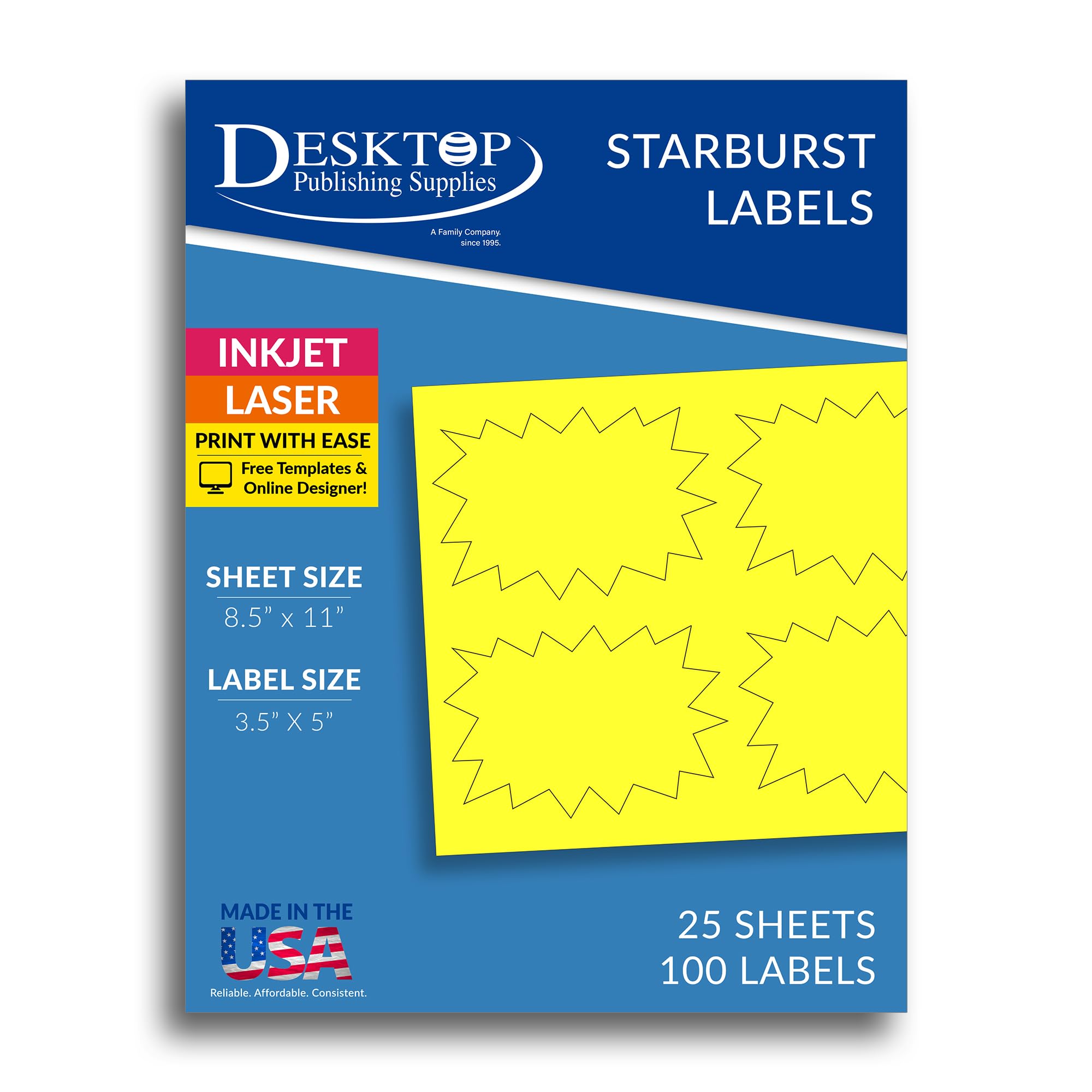 Photo 1 of 100 Pack Printable Starburst Retail Stickers - Fluorescent Yellow Label Stock - 3.5??x?5? - Inkjet & Laser Compatible - Permanent Adhesive Retail Pricing Starburst Signs - Made in USA (25 Sheets)