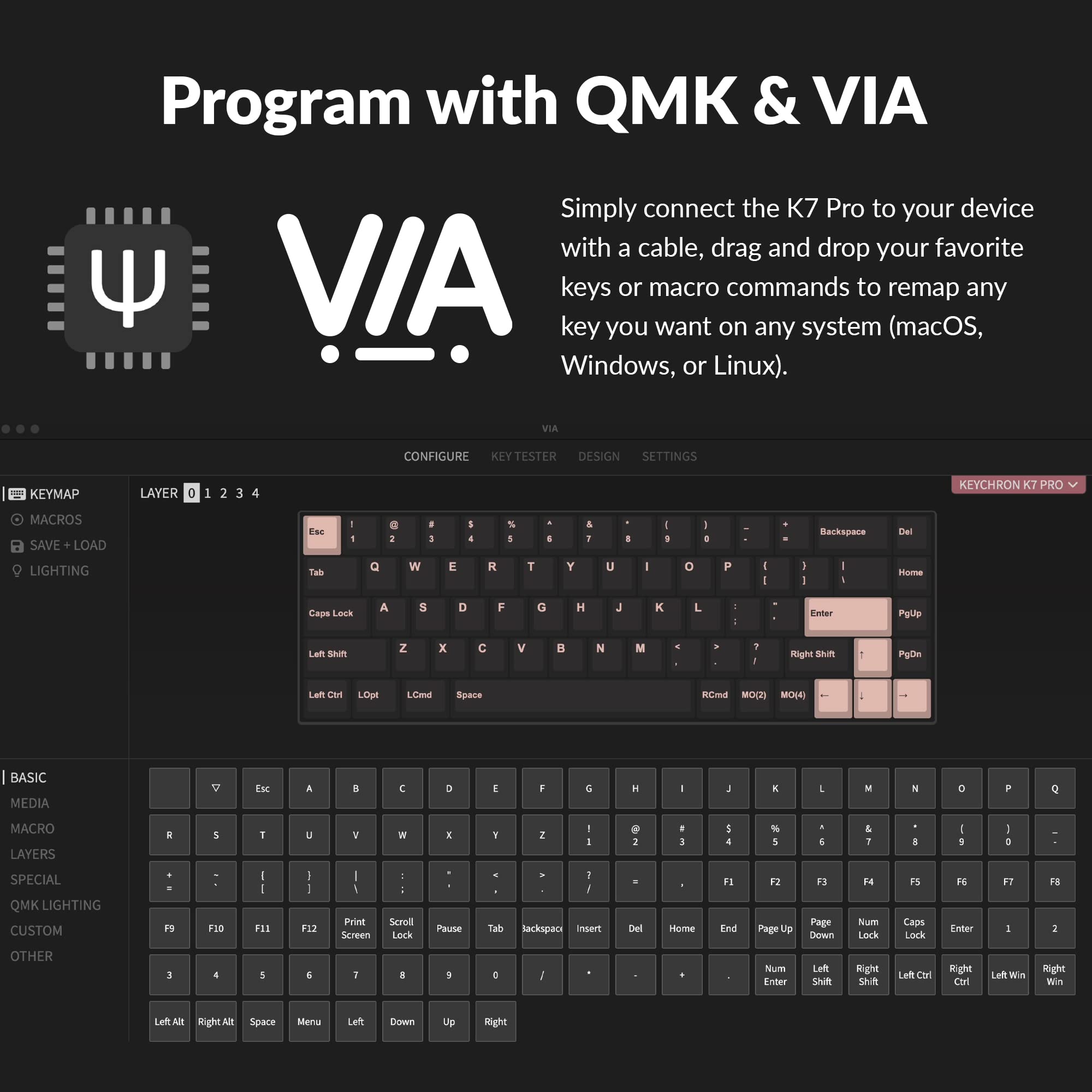 Keychron K7 Pro QMK/VIA Ultra-Slim Hot-swappable Wireless Bluetooth Custom Mechanical Keyboard, 65% Layout Programmable Macro RGB Backlight with Low-Profile Gateron Brown Switch for Mac Windows Linux