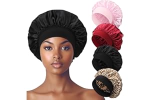 HEQU 4 Pcs Large Satin Bonnets for Sleeping, Comfortable Sleep Cap, Silky Hair Bonnet for Curly Hair Black Women Braid