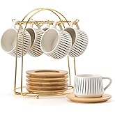 LUKA Ceramic Coffee Espresso Cups with Saucers Set with Metal Holder, 4.4 oz Porcelain Demitasse Cups For Tea, Espresso, Latte, Coffee, Cafe Mocha, Set of 6, White